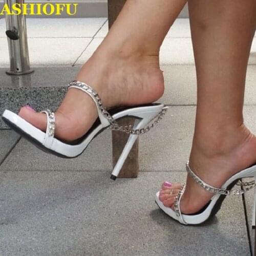 ASHIOFU Handmade Ladies High Heel Sandals Chains Deco Sexy Party Prom Summer Shoes Easy-wear Fashion Evening Sandals Shoes