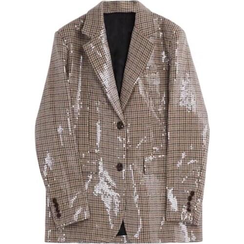 Spring Autumn New Bling Bling Plaid Sequined Blazer Female Lapel Single Breasted Loose Casual Retro England Style Jacket