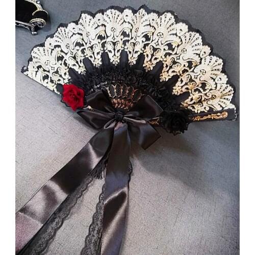 Black Lace Lolita KILL Gothic-Style Lolita Gorgeous Palace Fan ROSE Folding Fan Black And Golden