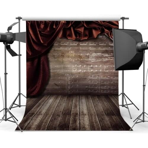 Photography Backdrop Wedding Gloomy Red Curtain Music Notes Vintage Stripes Wood Floor Interior Backdrops