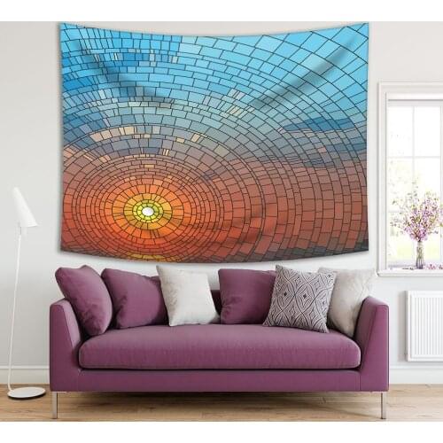 Tapestry Stained Glass Window with Seaside Beach Sunset Sky with Clouds Mosaic Yellow Orange Blue Artwork Print