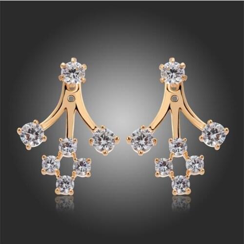 Gorgeous Ear Jacket Branch Cubic Zircon CZ Back And Front Double Sided Swing Stud Earrings Gold Color Women Ball Jewelry