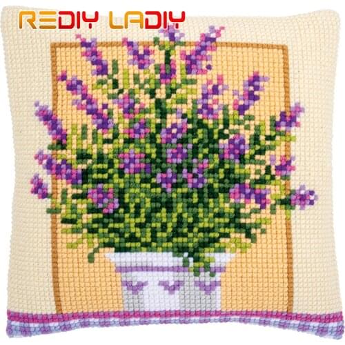 Cross Stitch Cushion Cover Lavender In Pot Pillow Case Pre-Printed Canvas Acrylic Thick Yarn Arts Cross-stitch Needlepoint Kits