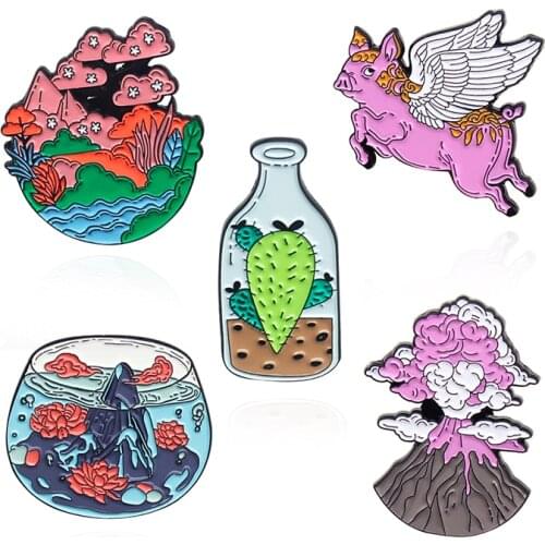 Newest custom Brooch volcano A pig with wings Glass bonsai fish tank Lapel Pin cactus tree mountain Lotus rivers flower Badge