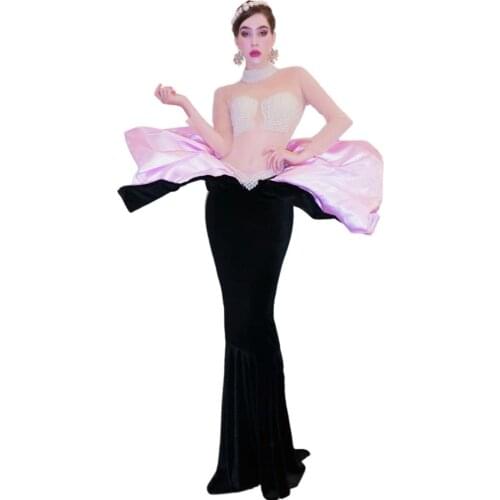 2020 New Style Pearls Transparent Long Sleeves Dress Women Birthday Celebrate Long Dress Bar Dancer Show Outfit Dresses