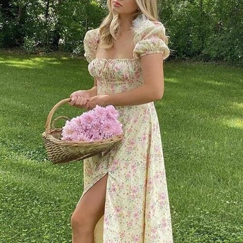 Lace Up Drawstring Casual Womens Dresses Summer Dress Woman Fashion Puff Sleeve Floral High Split Long Maxi Dresses