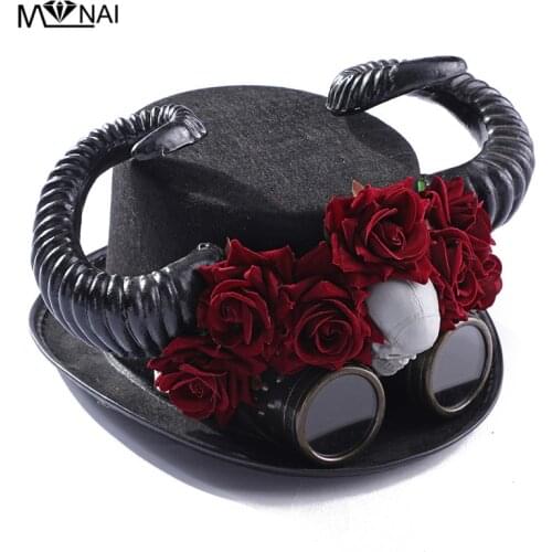 Steampunk Top Hat With Goggles Fedora Hat Women Vintage Halloween Gothic Hat Polyester Skull Steampunk Accessories For Party
