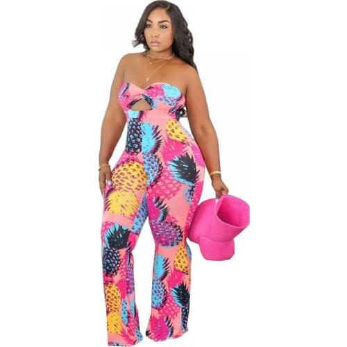 Plus Size Womens Clothing Hollow Out Bodycon Jumpsuit for Woman Pineapple Printed Rompers Bodysuit