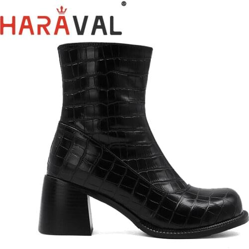 HARAVAL Women Rounded Toe Thick Heel Ankle Boots Fashion Punk Cute Y2K Shoe Black Winter Autumn Shoes For Lady PU Plus SizeE192L