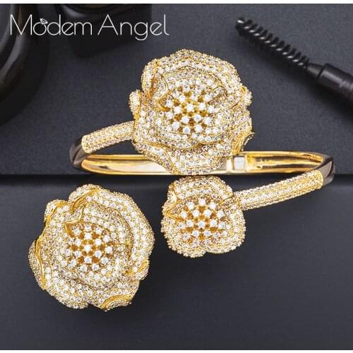 MoonTree Flower Boom Luxury Trendy Full Mirco Paved Cubic Zirconia Women Bracelet Bangle Ring Set Dress Jewelry Sets