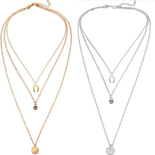 New Bohemian Long Multi layer Necklaces For Women Gold Sliver Wishing Bone Water Wafer Pendant Necklace Statement Fashion Jewelr