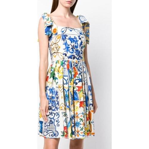 Runway Summer Flower Mini Dress Women 2021 Blue And White Porcelain Vestidos Spaghetti Strap Sundress Elegant Party Short Dress