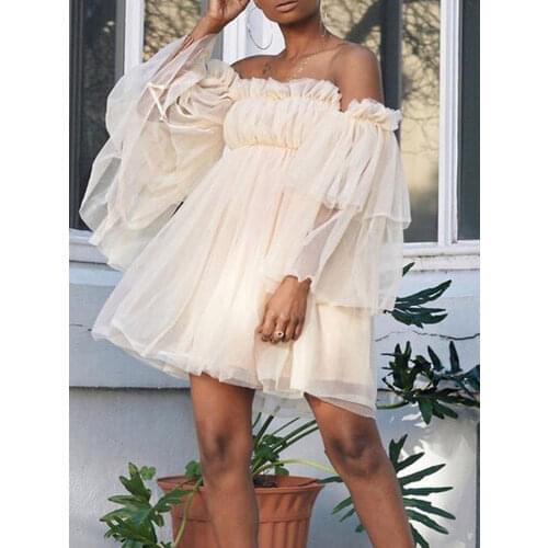 2021 Autumn Long Sleeve Pleated Loose Dress Women Spring Off Shoulder Mesh Party Dress Sexy Slash Neck Backless Mini Short Dress