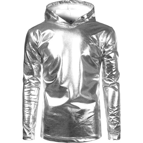2018 Brand T Shirt Men Hooded Tee Shirt Homme Shiny Night Club Mens Long Sleeve Tshirts Casual Silver Metallic Dance Top Tees