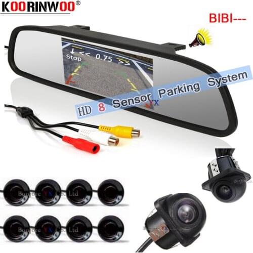 Koorinwoo Multicolor HD Car Video Parking 8 Sensors Monitor Front Camera Rear view Camera With Mirror Monitor Black White Grey
