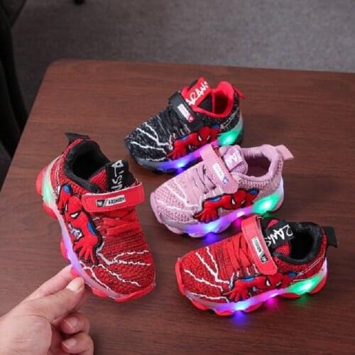 Disney Spider-Man Sneakers Childrens Glowing Shoes Running Shoes Baby Flashing LED Light Up Mesh Sneakers for Boys and Girls