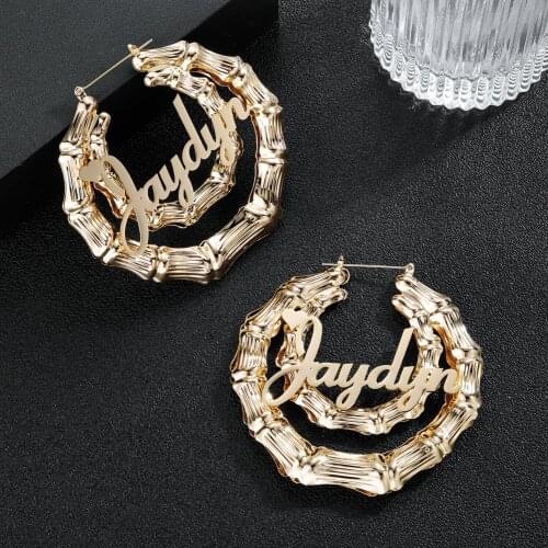 Double Slub Circle Name Earrings Customize Earrings Hoop Stainless Steel Bamboo Earrings2021 With Statement Words Number