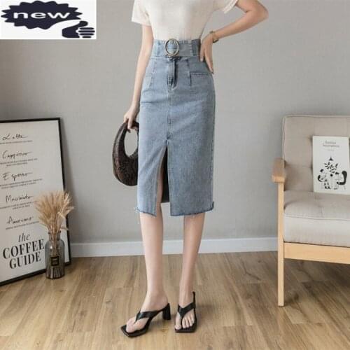 Denim Midi Women OL Style Slim High Waist Front Split Wrap Skirt Summer Blue Casual Jean Skirts S-XL Jupe Femme