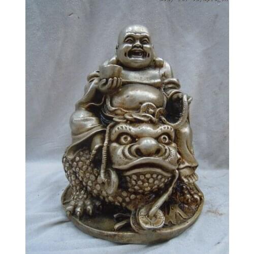 China silver carved luck Spittor happy buddha Great-bellied Maitreya statue