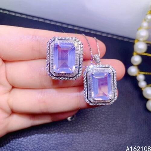 Fine Jewelry 925 Sterling Silver Inset With Gem Womens Luxury Fashion Rectangle Lavender Amethyst Pendant Adjustable Ring Set S