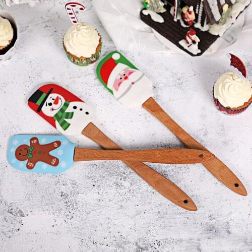 Creative Silicone Cooking Utensils Wooden Handle Non-Stick Spatula Cream Scraper Christmas Themed Kitchen Cooking Tools Gadget