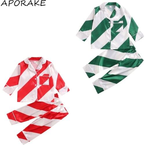 2021 1-6Y Christmas Kids Baby Girls Boys Pajama Set Pocket Striped Print Button Fly Long Sleeve Top+Pants Silk Sleepwear 2pcs