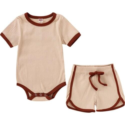 Newborn Baby Girls Boys Summer Short Sleeve Contrast Color Bodysuit And Short 2 Pcs Clothes Sets Outfits for Toddler Kids D30