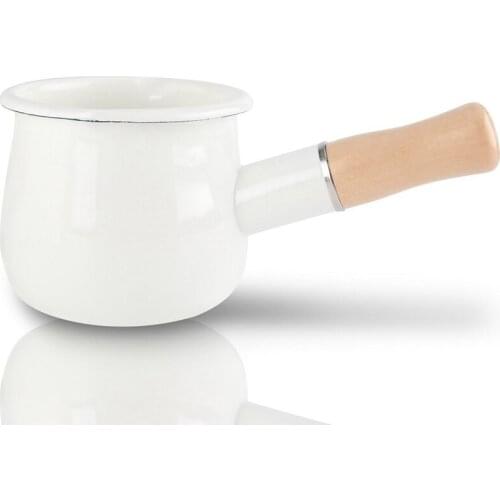 New Enamel Milk Pan, Mini Butter Warmer 10cm Enamelware Saucepan Pan Cookware with Wooden Handle, Perfect Size for Heating Small