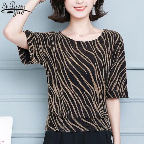 Summer Women Blouse 2021 New Short Sleeve Womens Shirts Striped Plus Size Ladies Top Office Lady Style Blusas Mujer 10126