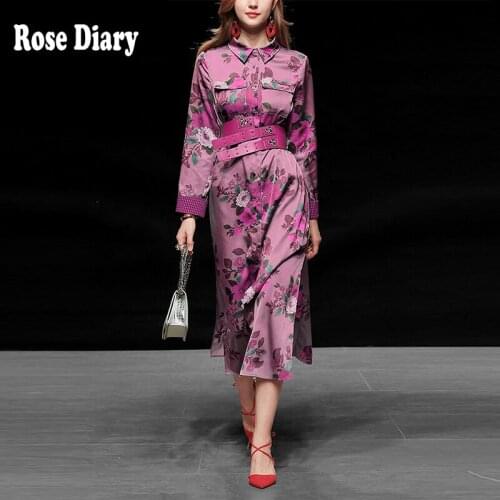 RoseDiary Autumn Fashion Holiday Women Party Dress Lady Long Sleeves Turn Down Collar Belted Resort Purple Print Shirt Dress