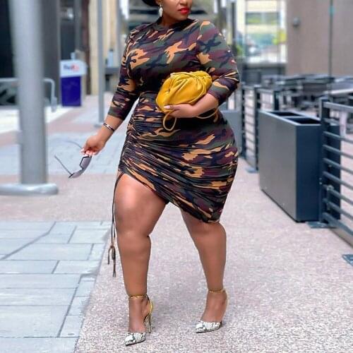 4XL 5XL Plus Size Camouflage Print Dresses for Womens Bodycon Tight Drawstring Mid Calf Elegant Evening Night African Dress New
