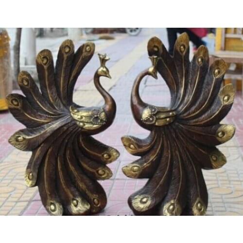 RHS0027 23" Lucky Asian Chinese Fengshui Folk Bronze Gilt peacock peafowl Statue Pair