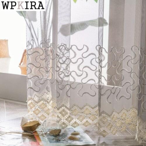 Modern Curtain Geometric Embroidery for Living Room Grey Drape Lace Bottom Mesh Fabric Kitchen Window Sheer Blinds S108#E