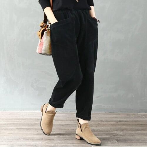 Corduroy Harem Pants For Women Solid Pocket High Waist Ankle Length Vintage Thicken Warm Female Outwear Tops