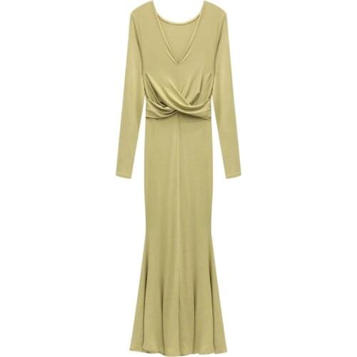 Women Spring Summer Dress Elegant French Style High-Waist Dress Solid V-Neck Slim Sexy Casual Cotton Lady Party Fishtail Dresses