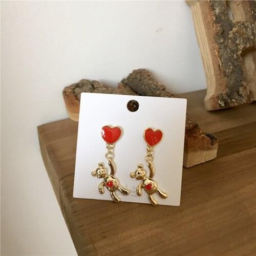 Chain Red Love Glaze Cute Bear Dangle Earrings For Women 2021 New Fashion Sweet Gold Color Stud Earrings Jewelry Gifts Wholesale