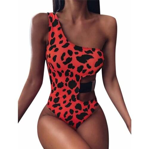Women Bikini Sexy High Cut Hollow Out Swimsuit One Shoulder Belt One-piece Swimsuit Leopard Print Bathing Suits Womens Beachwear