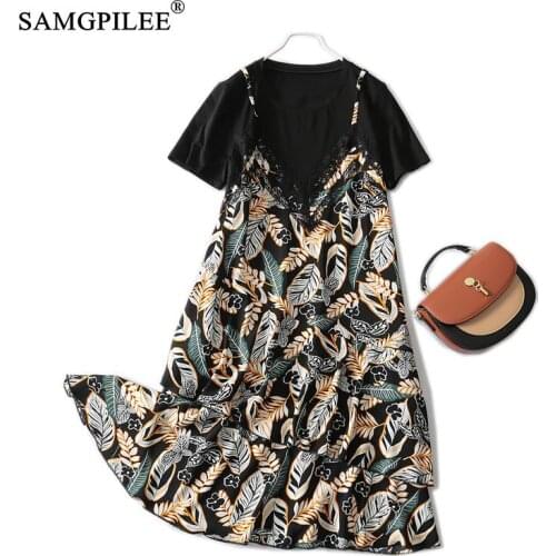 Fake Two Piece Dress Women 2021 Summer New Fashion Casual A-line Print Short Sleeve Patchwork Knee-length Empire O-neck Dresses