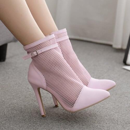 2021 Summer autumn new womens boots mesh pink white pointed toe womens ankle boots sexy high heels zipper shoes woman 40 41