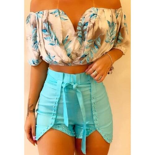 2021 New Summer One-shoulder Printing Suit Bubble Bead Shorts Tube Top Vest Small Sling Snack Shorts for Women Clothing Sexy