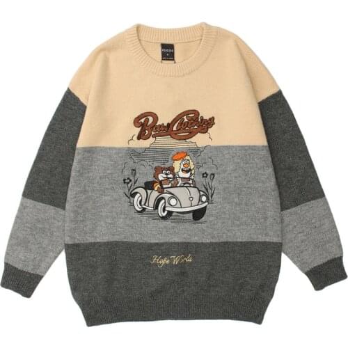 Brand Mens Cartoon Bear Embroidery Sweaters Color Contrast Loose O Neck Kintwear Hip Hop Pullover Sweater for Couples
