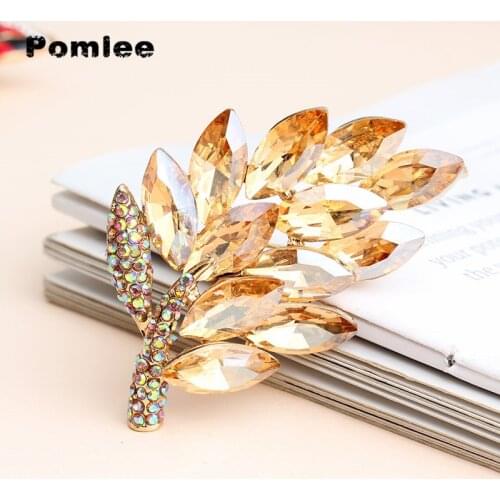 Pomlee Champagne Crystal Leaf Brooches For Women Fashion Shining Summer Pin Brooch Copper Jewelry High Quality New Wholesales