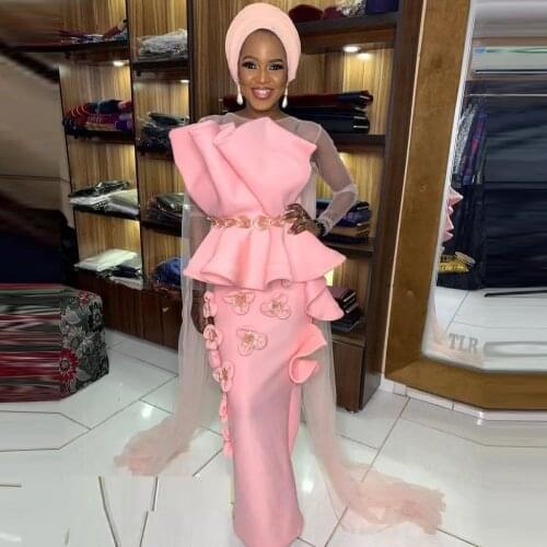 Nigearian Evening Dresses For Black Girls Sheer Neck Illusion Long Sleevs Prom Dress Mermaid Peplum Aso Ebi Women Party Gowns