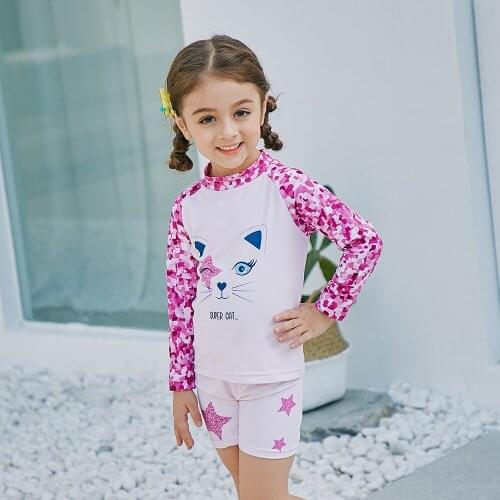 Kids Girl Two-Piece High neckline Long Sleeve Swimsuit Cap Set Quick-dry Rash Guards Swimwear Bathing suit For Toddler NEW