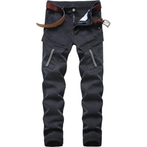 Blue Jeans Men Vintage Streetwear Hip Hop Biker Black Jeans Men Motorcycle Multi-pocket Decoration Denim Hombre Calca Masculina