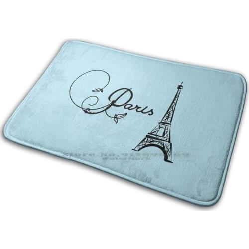 Paris Eiffel Tower In Pale Blue Mat Rug Carpet Anti-Slip Bedroom Entrance Door Mat Paris Flower Swirl Eiffel Tower Black Light