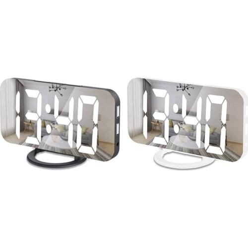 HOT Digital Alarm Clock Mirrored LED Clock with Dual USB Charger Ports Easy Snooze Function for Bedroom Home Office
