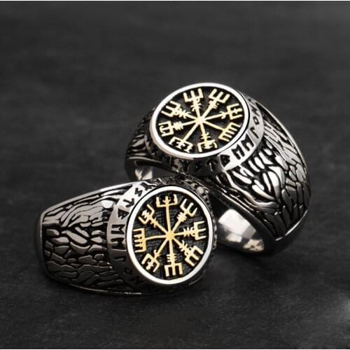 Keisha Lena Punk Titanium Stainless Steel Ring Nordic Viking Compass and Rune Ring Jewelry Engraving Tree of Life Symbols Mens