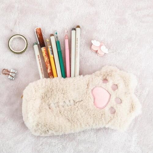 Cute Cat Paw Plush Pencil Case Korea Soft Pen Bag Pouch High Capacity Student Stationery School Supplies Child Kawaii Purse Gift