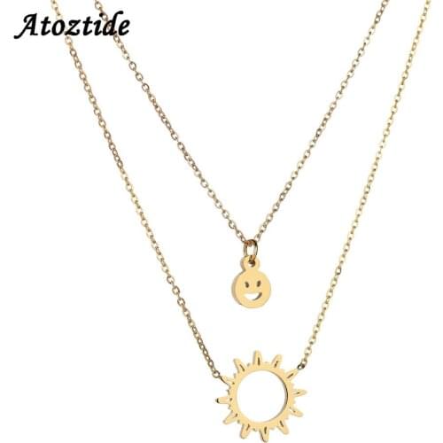 Atoztide Trendy Double Layer Necklace Hollow Smiley Face& Sun Flower Pendant Chain Necklace Stainless Steel Jewelry Gift